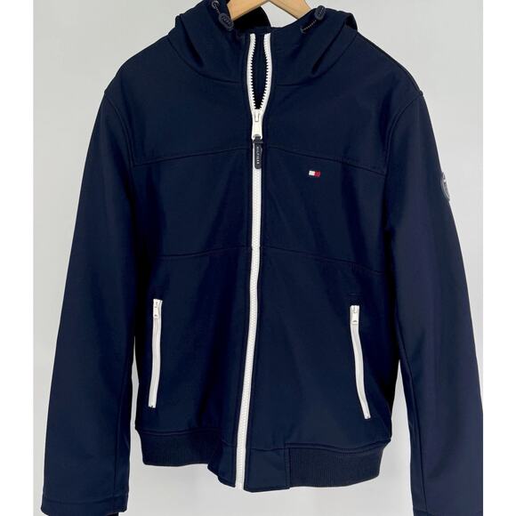 Tommy Hilfiger Navy Blue Softshelll Hooded Bomber Jacket Nautical Sailor Classic - Picture 1 of 10